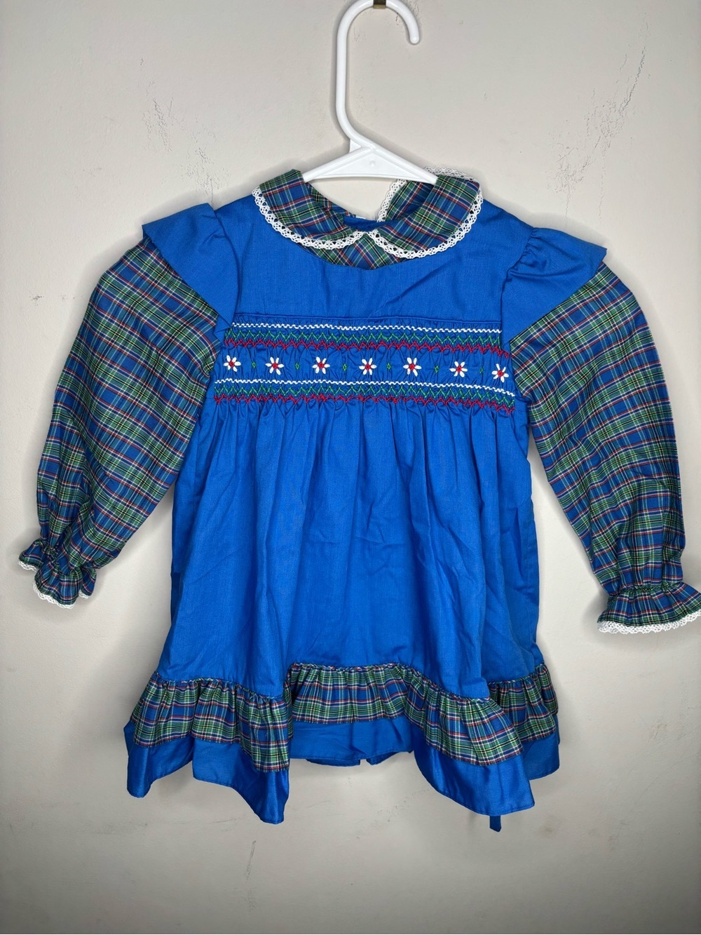 Vintage Polly Flinders Smocked Blue Plaid Dress Suze 4T